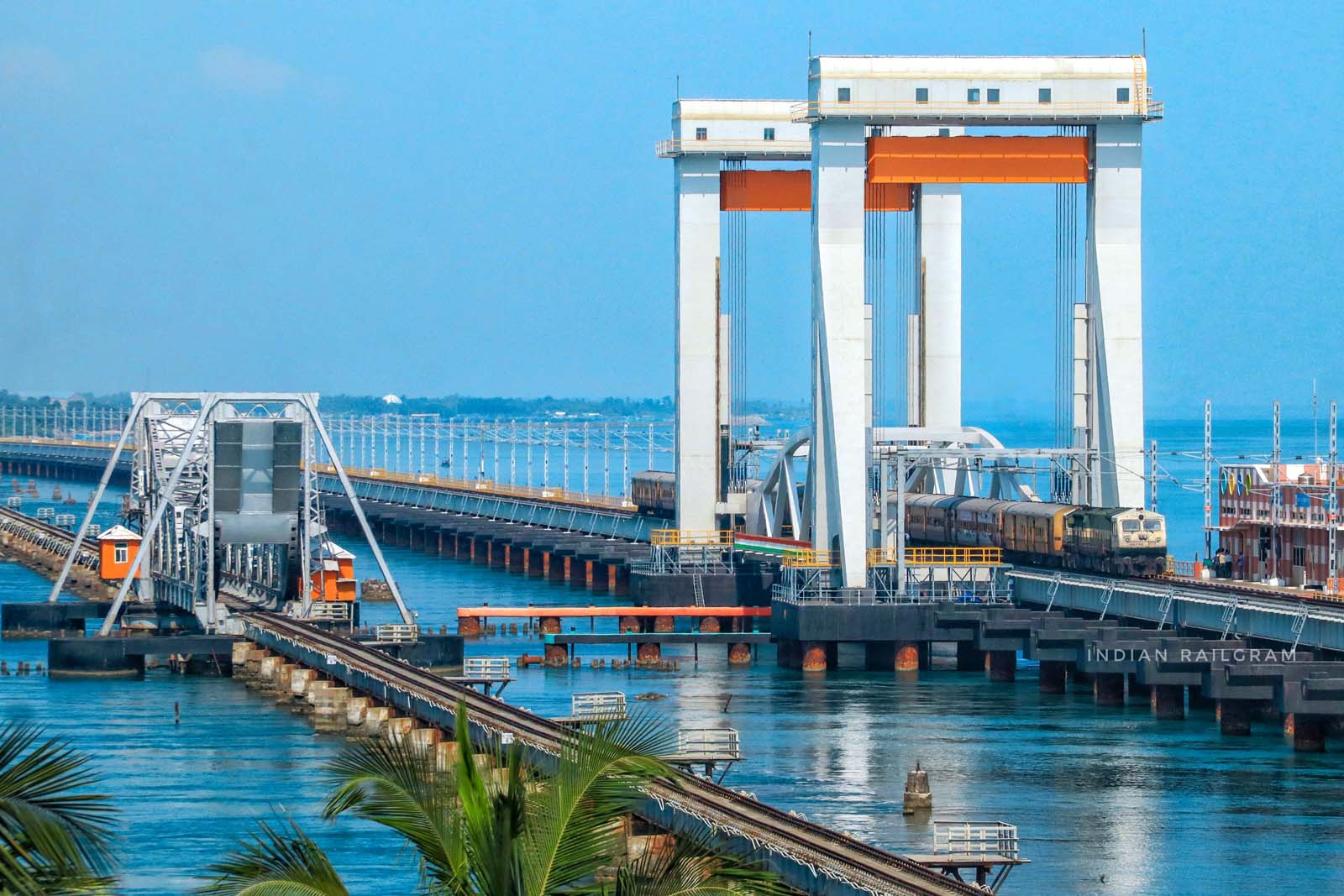 Train crossing the New Pamban Rail Bridge